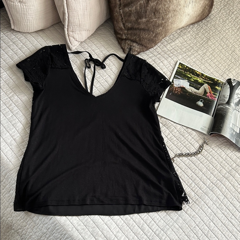 WHBM black v neck feminine lace mixed media blouse top S